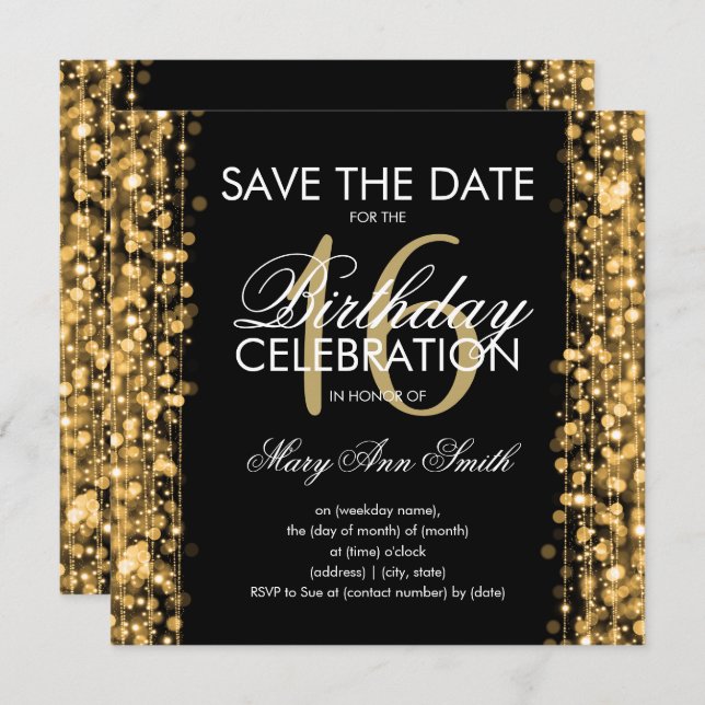 Invitación Fiesta de cumpleaños 16 "Save The Date" esparce or (Anverso / Reverso)