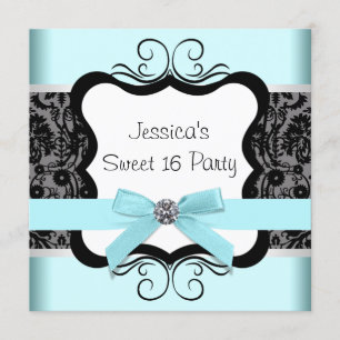Invitación Fiesta de cumpleaños 16 Sweet Black Damask Teal