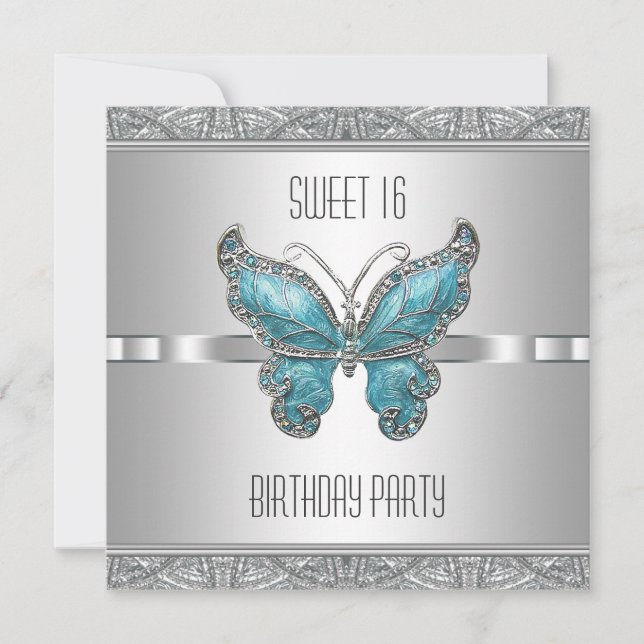 Invitación Fiesta de Cumpleaños 16 Teal Blue Butterfly (Anverso)