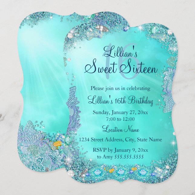 Invitación Fiesta de cumpleaños 16 Teal Ocean Jewel 2 (Anverso / Reverso)