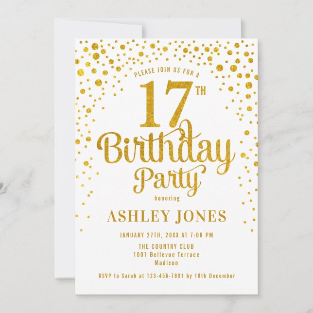 Invitación Fiesta de cumpleaños 17 - Blanco y Oro (Anverso)