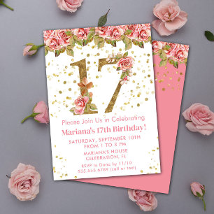 Invitación Fiesta de cumpleaños 17 con rosas florales rosadas