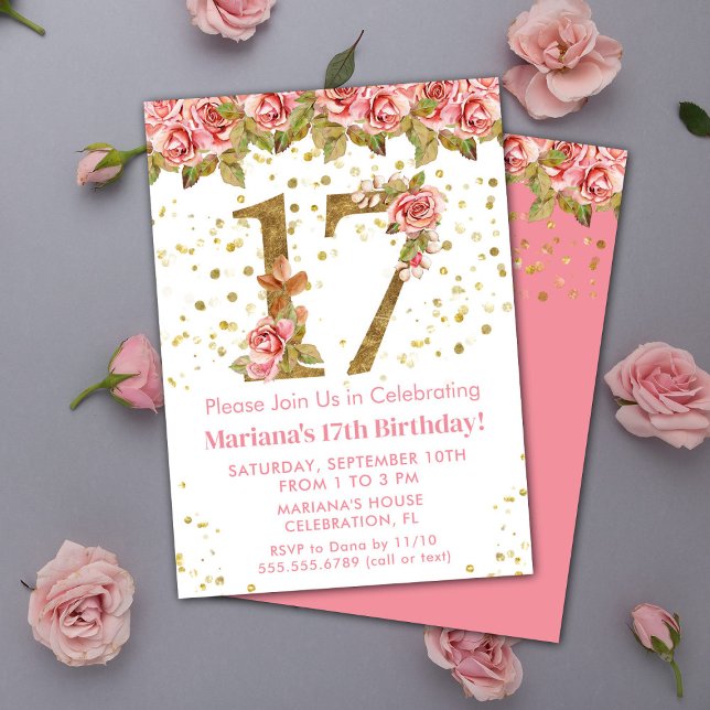 Invitación Fiesta de cumpleaños 17 con rosas florales rosadas (Subido por el creador)