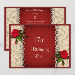 Invitación Fiesta de Cumpleaños 17 con Rosas Rojas y Encaje B