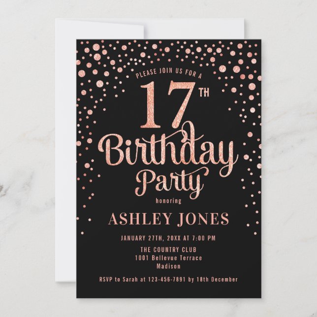 Invitación Fiesta de cumpleaños 17 - Oro negro y Rosa (Anverso)