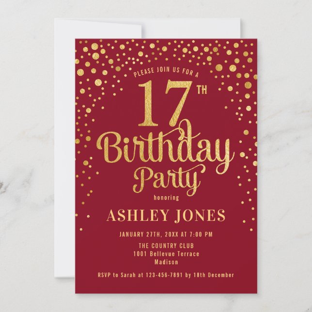 Invitación Fiesta de cumpleaños 17 - Rojo y Oro (Anverso)