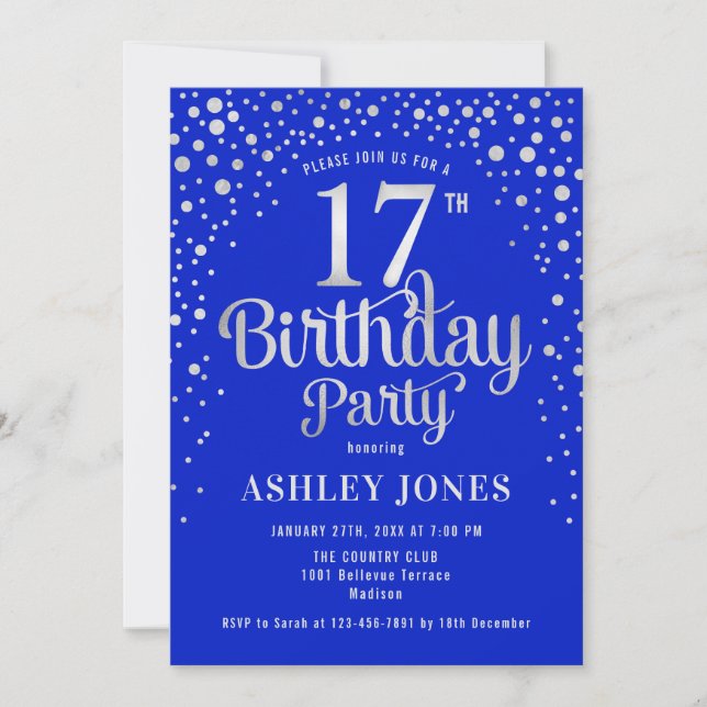 Invitación Fiesta de cumpleaños 17 - Royal Blue & Silver (Anverso)
