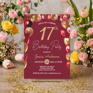 Invitación Fiesta de cumpleaños 17 sorpresa dorado burgundy b