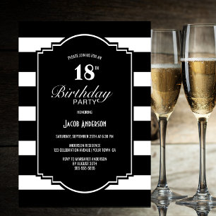 Invitación Fiesta de cumpleaños 18ª franja blanca y negra