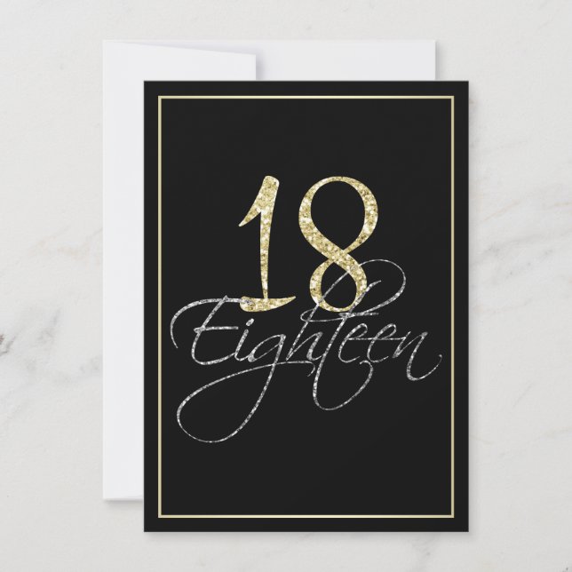 Invitación Fiesta de cumpleaños 18º de plata formal negra y o (Anverso)
