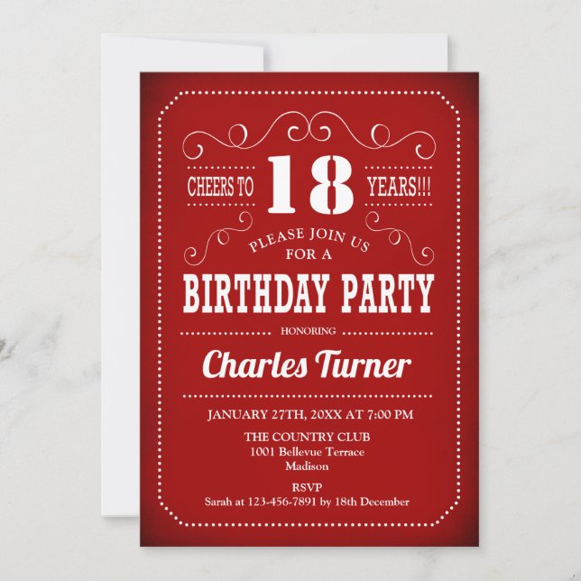 Invitación Fiesta de cumpleaños 18º Retro - Blanco Rojo (Anverso)