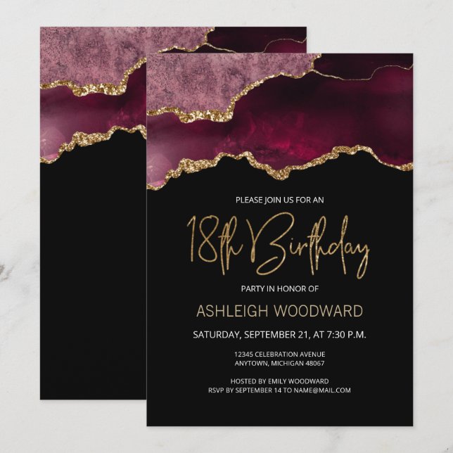 Invitación Fiesta de cumpleaños 18 Agate Geode Borgoña Dorado (Anverso / Reverso)