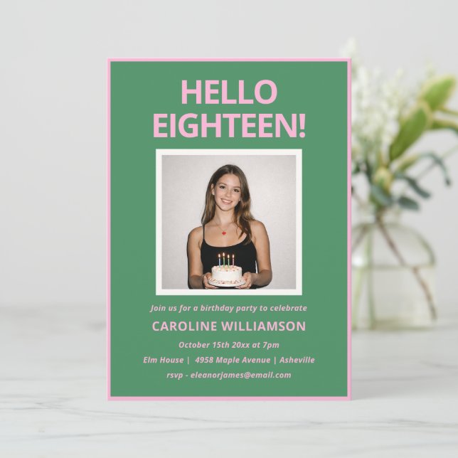 Invitación Fiesta de cumpleaños 18 audaz moderna rosa verde (Anverso de pie)
