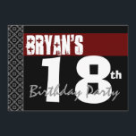 Invitación Fiesta de cumpleaños 18: Blanco y negro rojo para<br><div class="desc">Este moderno diseño rojo, blanco y negro es una manera divertida de invitar a la gente a una celebración de 18 años. Todo el texto es totalmente personalizable. Puede experimentar con diferentes tipos de papel haciendo clic en la pestaña "Opciones de invitación" en la esquina superior derecha. Le recomiendo el...</div>