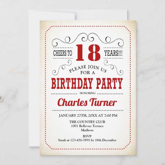 Invitación Fiesta de cumpleaños 18 - Blanco y rojo cremoso re (Anverso)