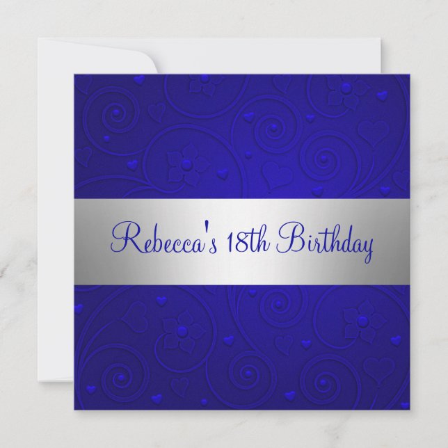 Invitación Fiesta de cumpleaños 18 Blue Spiral Hearts Silver (Anverso)