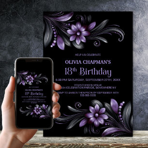 Invitación Fiesta de cumpleaños 18 con flores moradas y negra