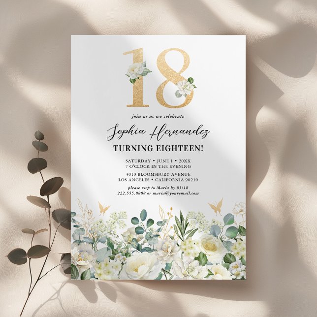 Invitación Fiesta de cumpleaños 18 con flores verdes y blanca (Subido por el creador)