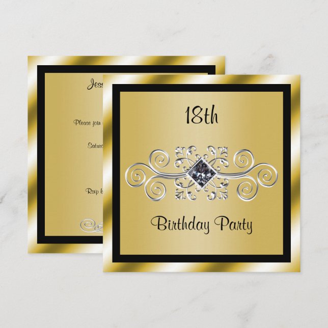 Invitación Fiesta de cumpleaños 18 con remolinos de plata y d (Anverso / Reverso)