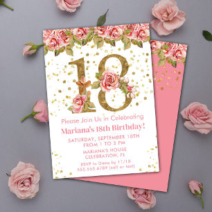Invitación Fiesta de cumpleaños 18 con rosas florales rosadas