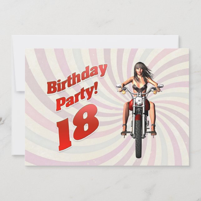 Invitación Fiesta de cumpleaños 18 con un chica en moto (Anverso)
