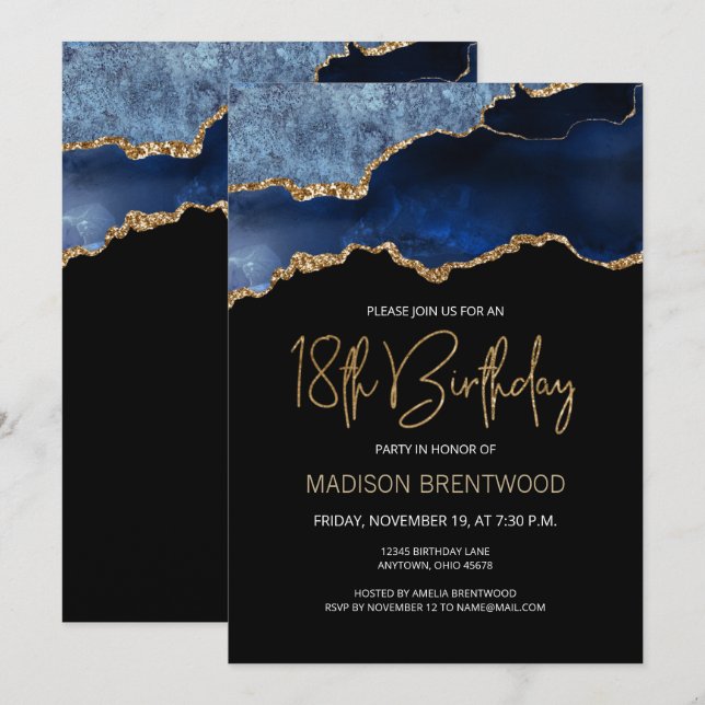 Invitación Fiesta de cumpleaños 18 de Agata Geoda Azul Dorado (Anverso / Reverso)