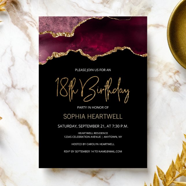 Invitación Fiesta de cumpleaños 18 de Agata Geoda Borgoña Oro (Subido por el creador)