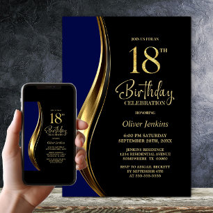 Invitación Fiesta de Cumpleaños 18 de Black Gold Blue
