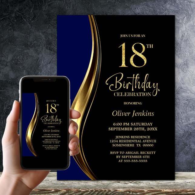 Invitación Fiesta de Cumpleaños 18 de Black Gold Blue (Subido por el creador)