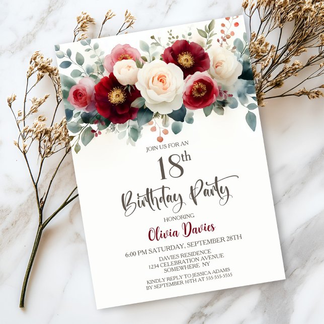 Invitación Fiesta de cumpleaños 18 de Borgoña y Floral Blanca (Subido por el creador)
