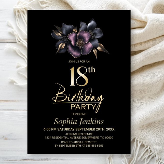 Invitación Fiesta de cumpleaños 18 de Floral rosa y gris oscu (Subido por el creador)