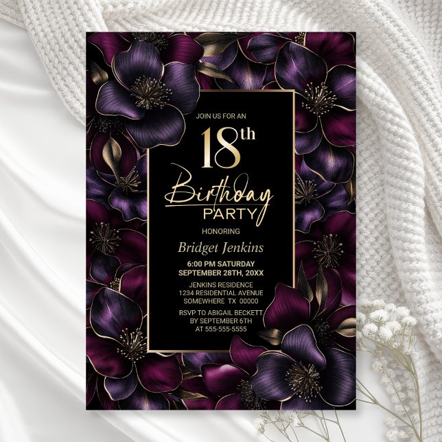 Invitación Fiesta de cumpleaños 18 de Morado y Floral Rosa (Subido por el creador)