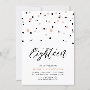 Invitación Fiesta de cumpleaños 18 de niña con oro negro y ro