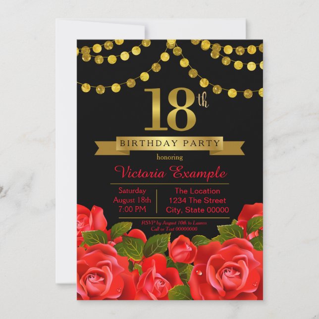 Invitación Fiesta de cumpleaños 18 de oro negro rojo (Anverso)