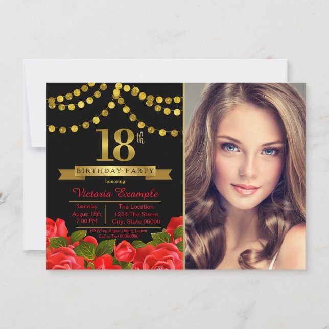 Invitación Fiesta de cumpleaños 18 de oro negro rojo (Anverso)
