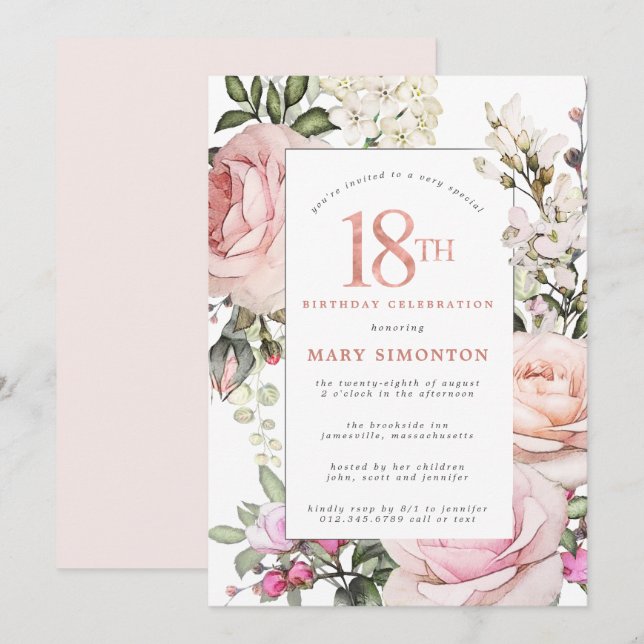 Invitación Fiesta de cumpleaños 18 de Rubor Pink Rose Floral (Anverso / Reverso)