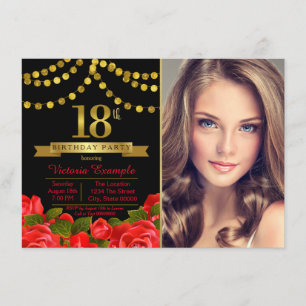 Invitación Fiesta de cumpleaños 18 del Oro Negro Rojo