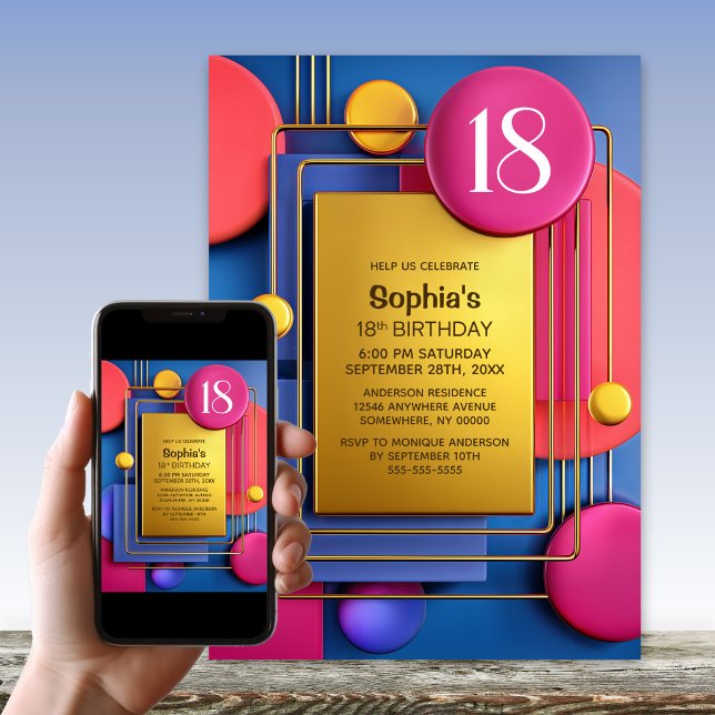 Invitación Fiesta de Cumpleaños 18 en Abstracto de Oro Rosa (Subido por el creador)