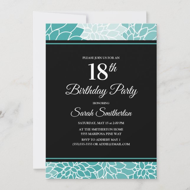 Invitación Fiesta de cumpleaños 18 en flor de teal blanca (Anverso)