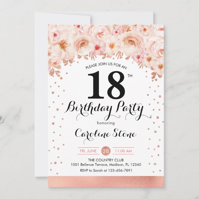 Invitación Fiesta de cumpleaños 18 - Flores de oro Rosas (Anverso)