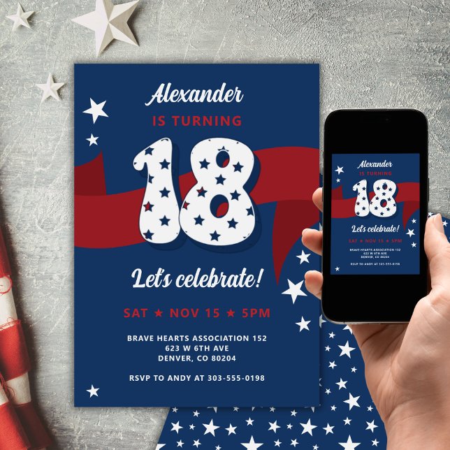 Invitación Fiesta de cumpleaños 18 hombres patrióticos azul b (Subido por el creador)