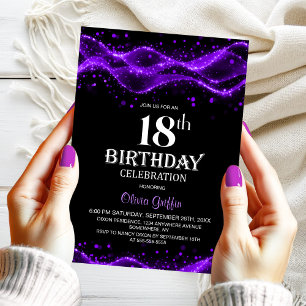 Invitación Fiesta de cumpleaños 18 moderna negra y púrpura