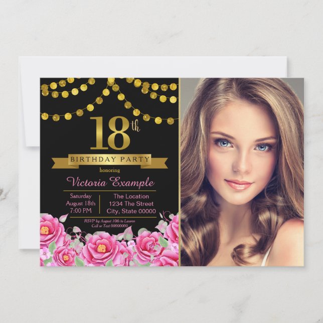 Invitación Fiesta de cumpleaños 18 moderno rosa negro oro (Anverso)