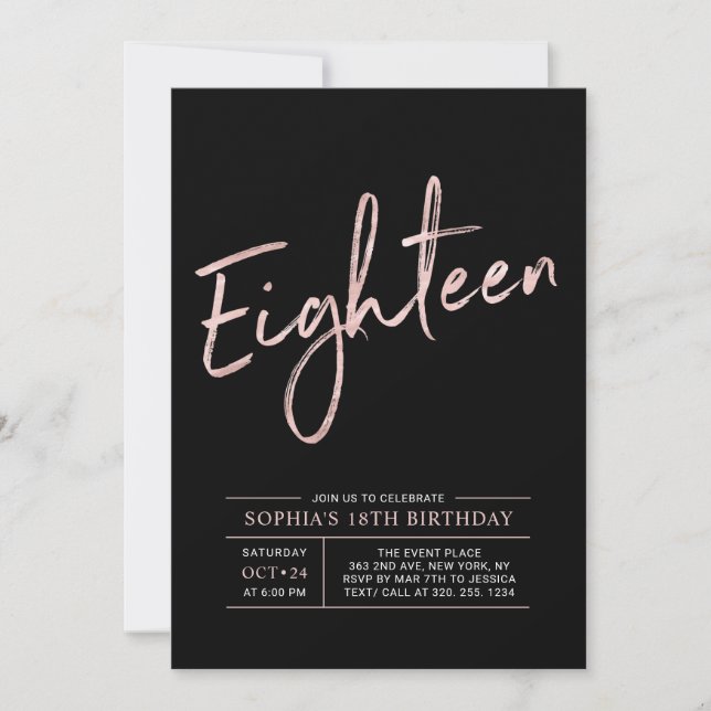 Invitación Fiesta de cumpleaños 18 moderno rosa oro y negro (Anverso)