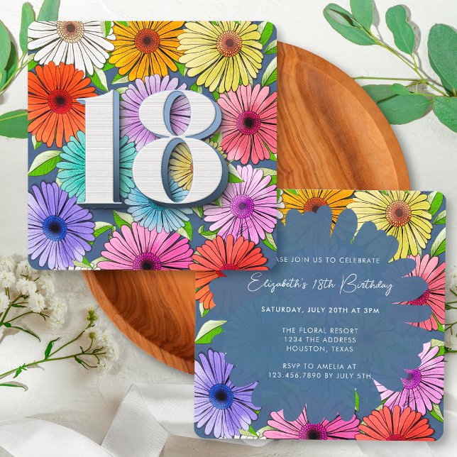 Invitación Fiesta de cumpleaños 18 Navy Blue Rustic Floral Sp (Subido por el creador)