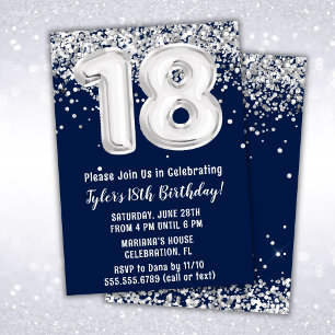 Invitación Fiesta de cumpleaños 18 Navy Blue Silver