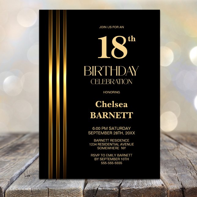 Invitación Fiesta de Cumpleaños 18 Negro con Rayas Doradas (Subido por el creador)