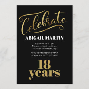Invitación Fiesta de cumpleaños 18 negro oro blanco