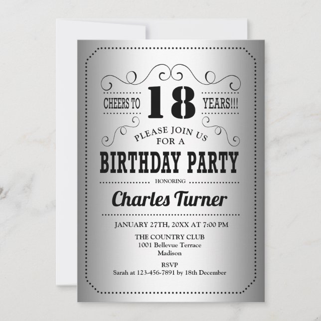 Invitación Fiesta de cumpleaños 18 - negro retro plateado (Anverso)