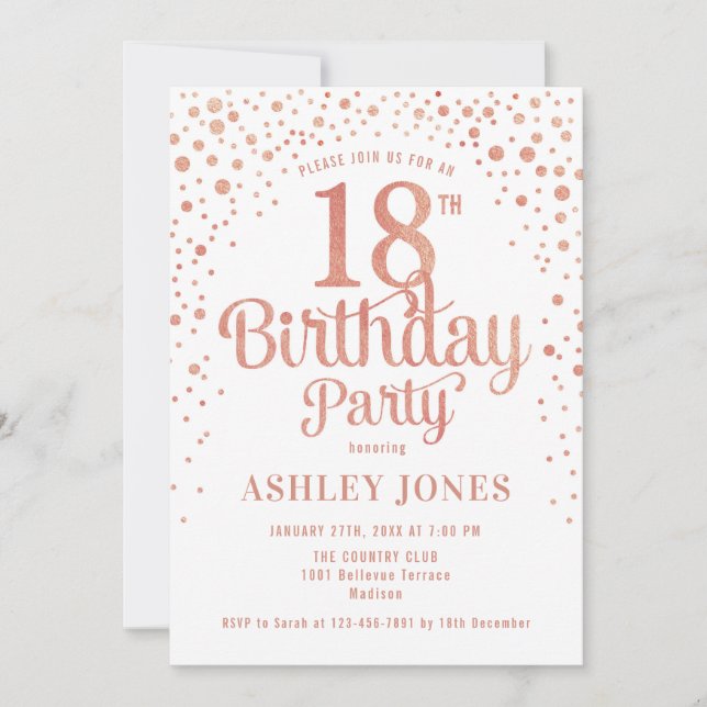 Invitación Fiesta de cumpleaños 18 - Oro blanco y Rosa (Anverso)